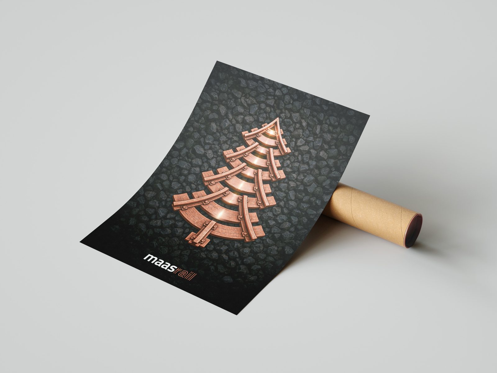 MaasRail Kampagnenmotiv: Gleis-Illustration in Weihnachtsbaum-Form auf Plakat